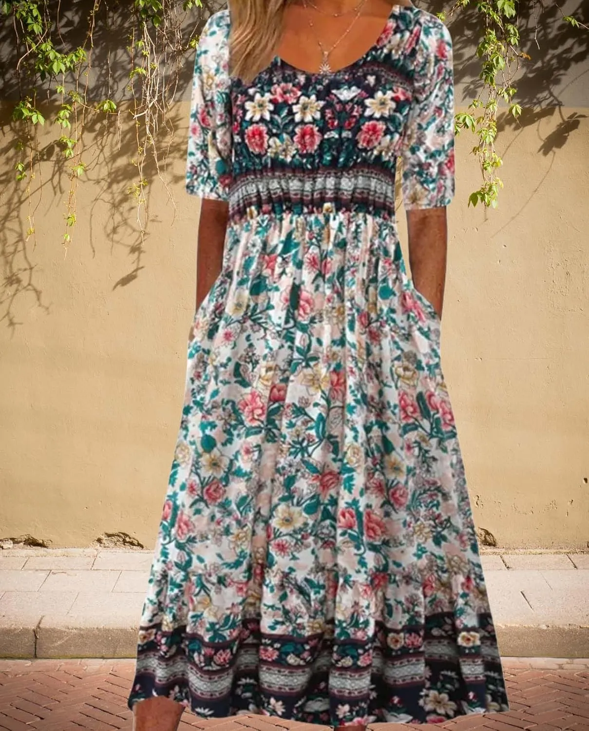 Womens Boho Floral Print Maxi Dress Short Sleeve Casual Fit Flowy Dresses Summer Loose Beach Skirt with Pockets