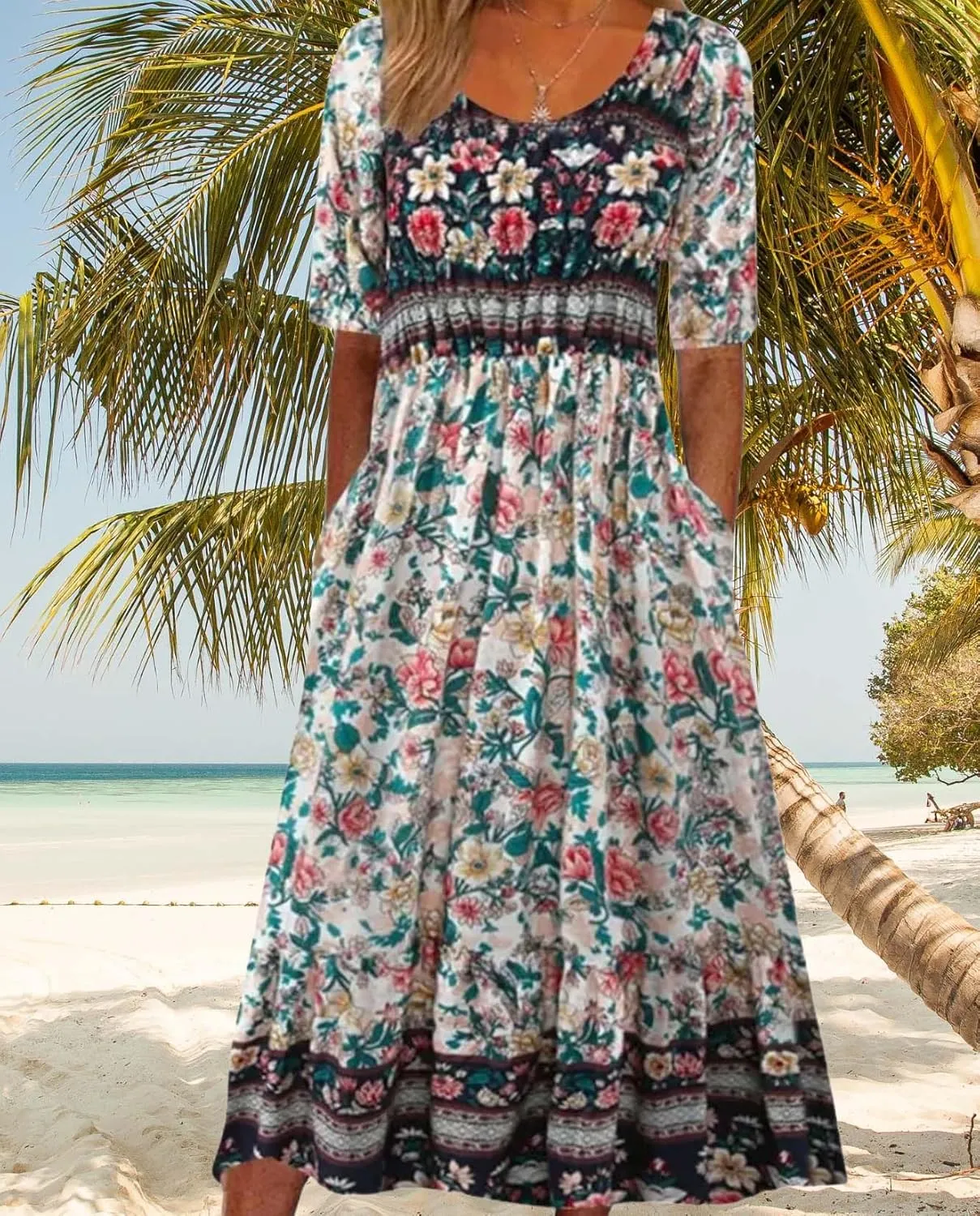 Womens Boho Floral Print Maxi Dress Short Sleeve Casual Fit Flowy Dresses Summer Loose Beach Skirt with Pockets