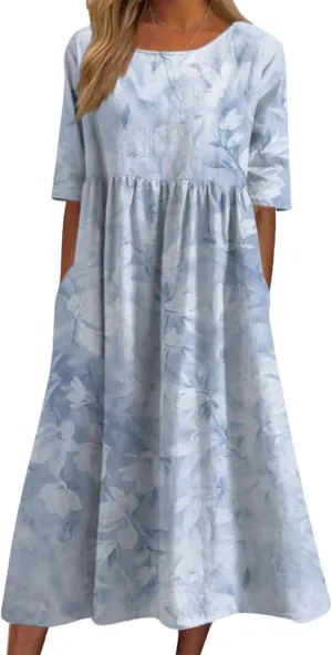 Womens Boho Floral Print Maxi Dress Short Sleeve Casual Fit Flowy Dresses Summer Loose Beach Skirt with Pockets