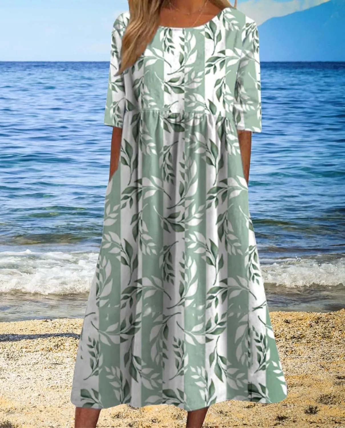Womens Boho Floral Print Maxi Dress Short Sleeve Casual Fit Flowy Dresses Summer Loose Beach Skirt with Pockets