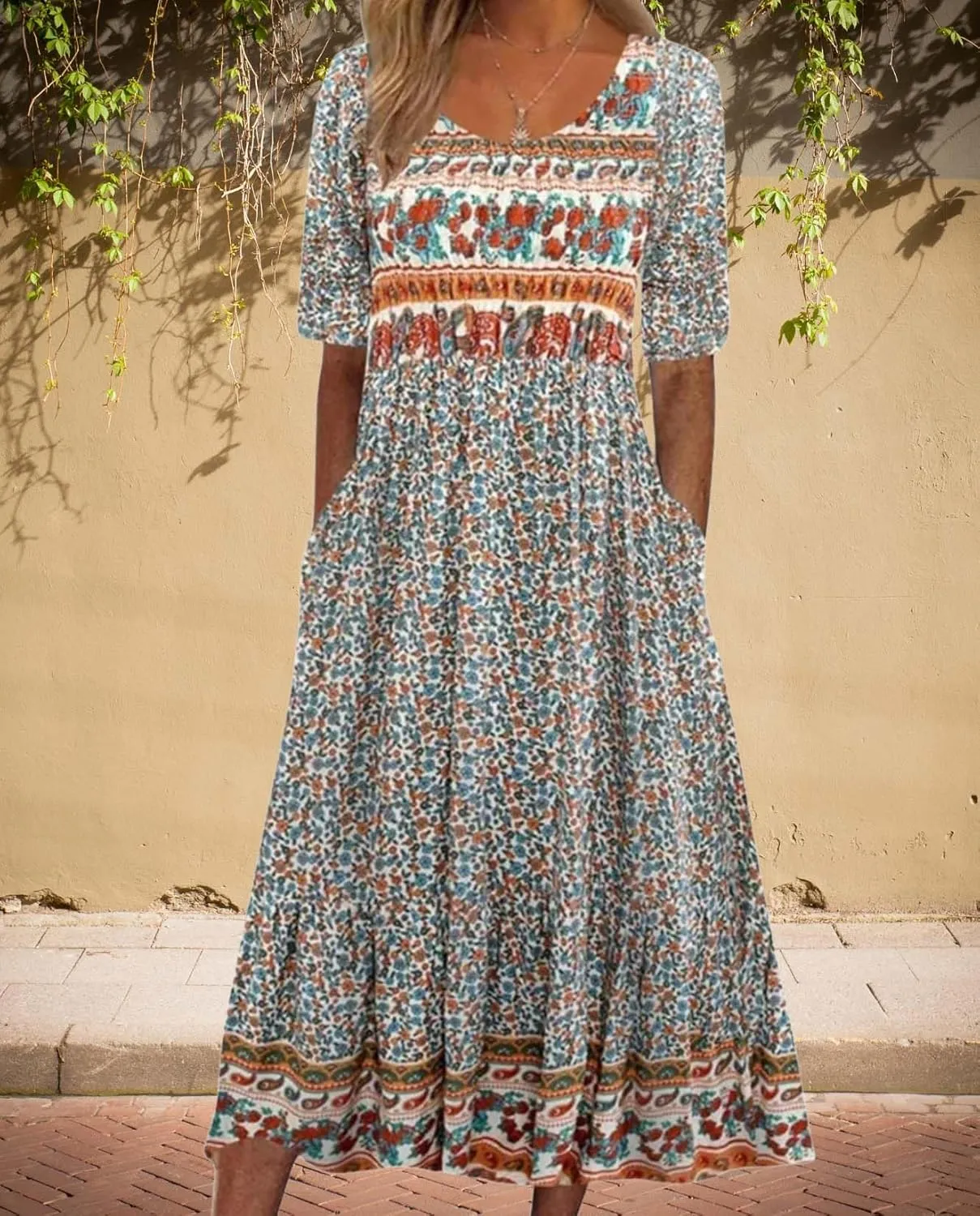 Womens Boho Floral Print Maxi Dress Short Sleeve Casual Fit Flowy Dresses Summer Loose Beach Skirt with Pockets