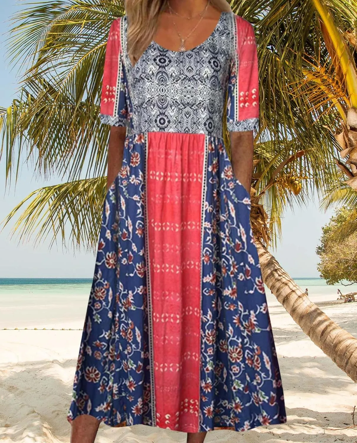 Womens Boho Floral Print Maxi Dress Short Sleeve Casual Fit Flowy Dresses Summer Loose Beach Skirt with Pockets