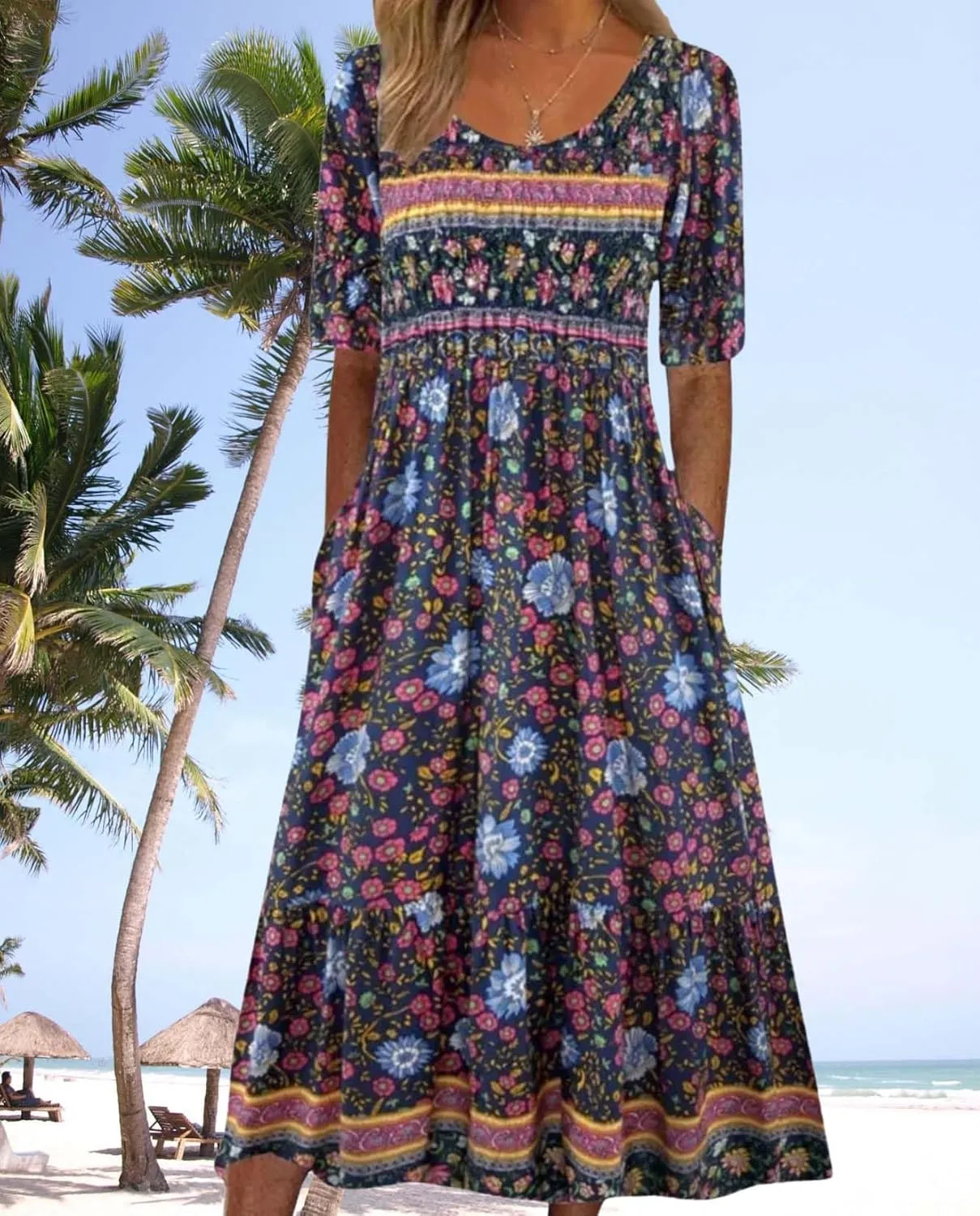 Womens Boho Floral Print Maxi Dress Short Sleeve Casual Fit Flowy Dresses Summer Loose Beach Skirt with Pockets