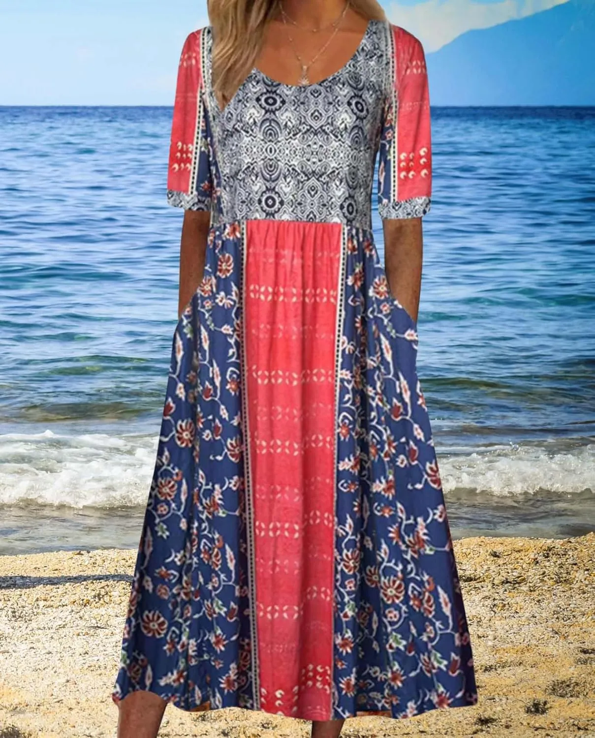 Womens Boho Floral Print Maxi Dress Short Sleeve Casual Fit Flowy Dresses Summer Loose Beach Skirt with Pockets
