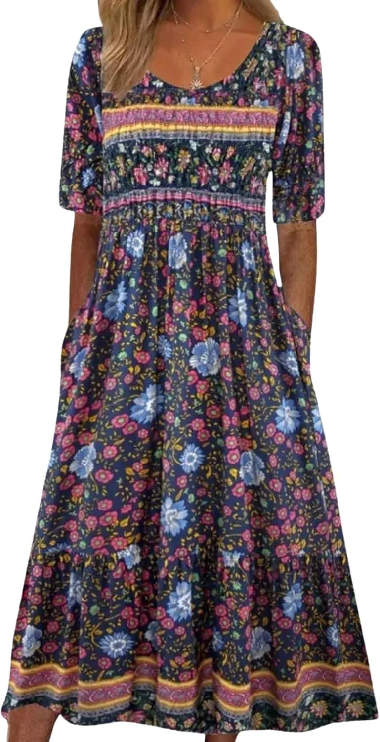 Womens Boho Floral Print Maxi Dress Short Sleeve Casual Fit Flowy Dresses Summer Loose Beach Skirt with Pockets
