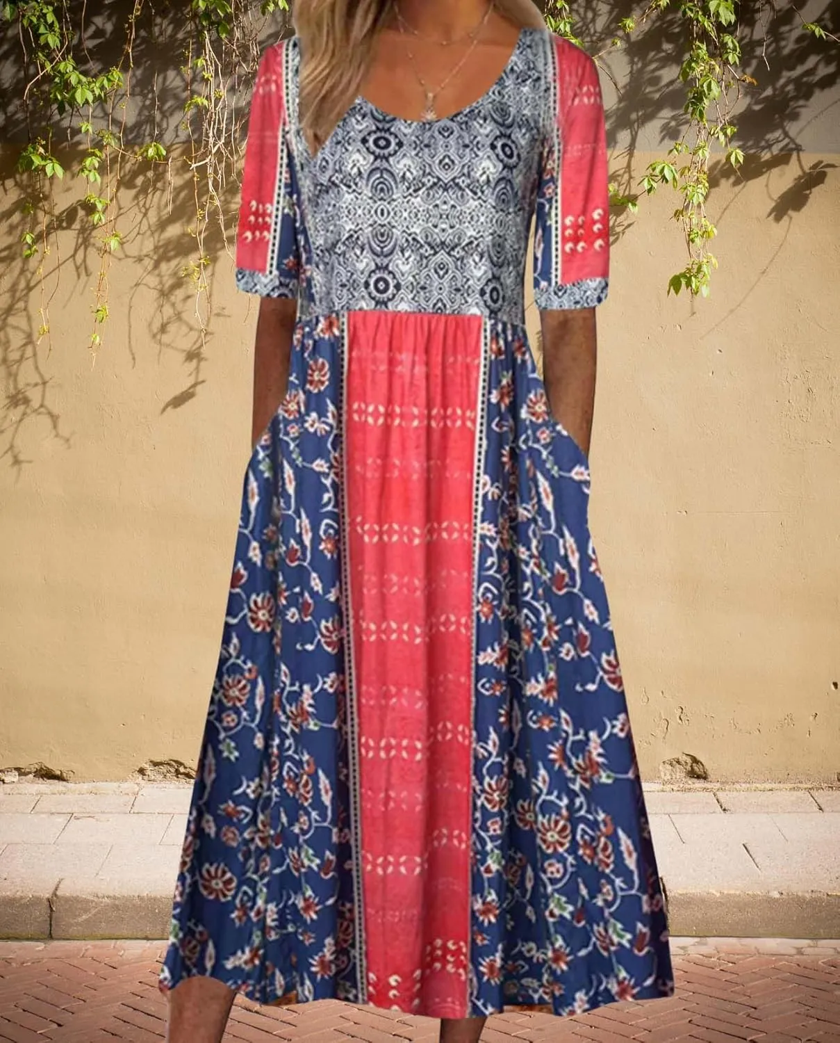 Womens Boho Floral Print Maxi Dress Short Sleeve Casual Fit Flowy Dresses Summer Loose Beach Skirt with Pockets