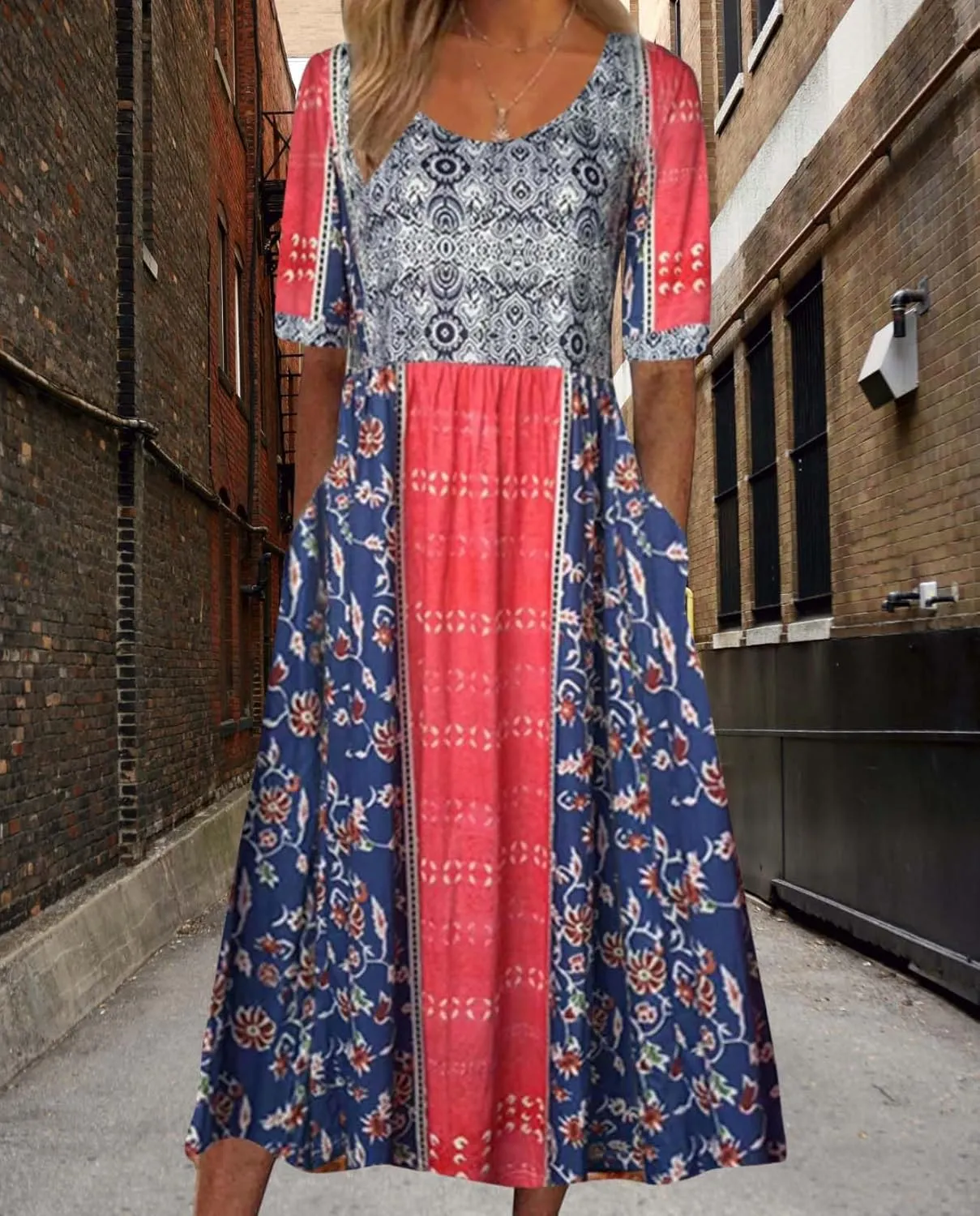Womens Boho Floral Print Maxi Dress Short Sleeve Casual Fit Flowy Dresses Summer Loose Beach Skirt with Pockets