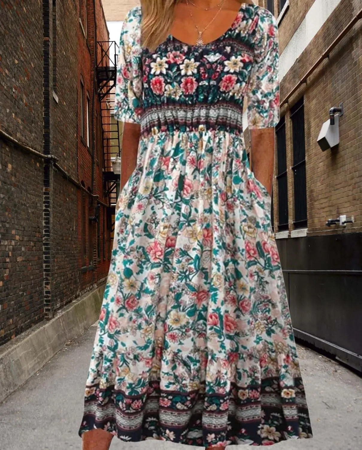 Womens Boho Floral Print Maxi Dress Short Sleeve Casual Fit Flowy Dresses Summer Loose Beach Skirt with Pockets
