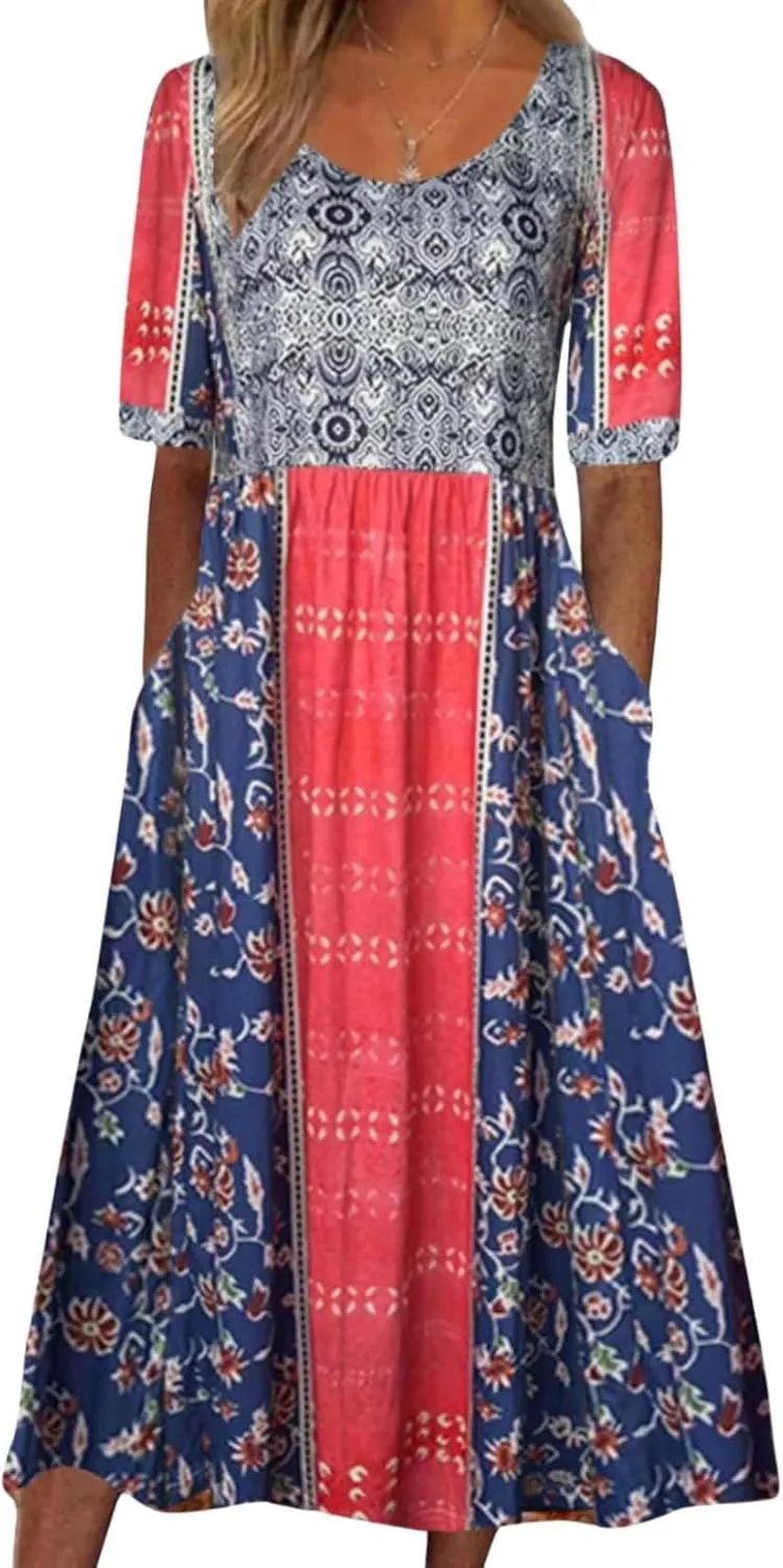Womens Boho Floral Print Maxi Dress Short Sleeve Casual Fit Flowy Dresses Summer Loose Beach Skirt with Pockets