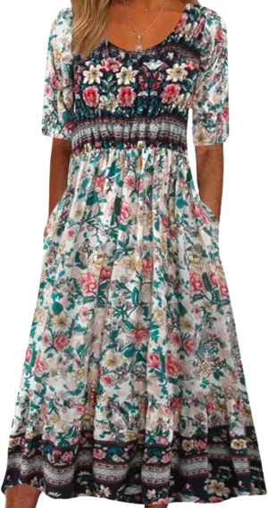 Womens Boho Floral Print Maxi Dress Short Sleeve Casual Fit Flowy Dresses Summer Loose Beach Skirt with Pockets
