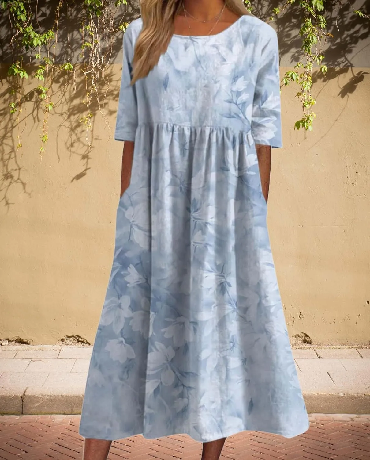 Womens Boho Floral Print Maxi Dress Short Sleeve Casual Fit Flowy Dresses Summer Loose Beach Skirt with Pockets