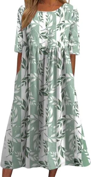 Womens Boho Floral Print Maxi Dress Short Sleeve Casual Fit Flowy Dresses Summer Loose Beach Skirt with Pockets