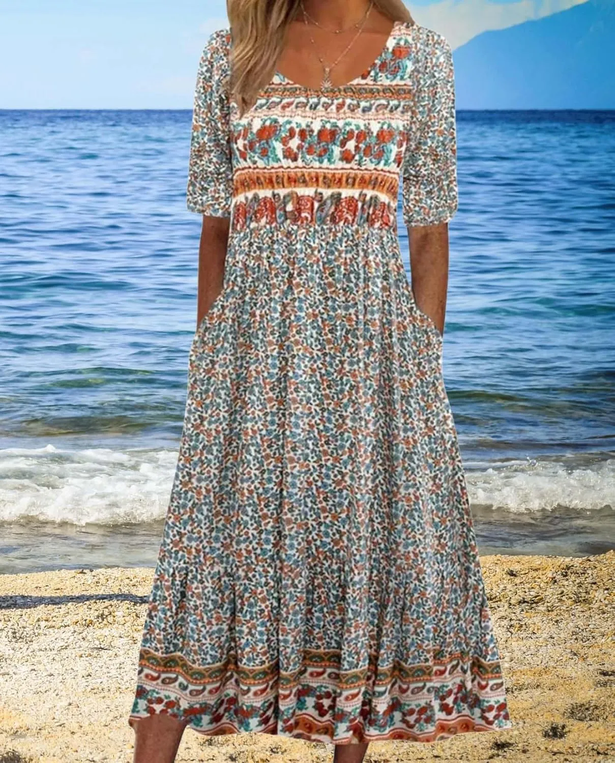 Womens Boho Floral Print Maxi Dress Short Sleeve Casual Fit Flowy Dresses Summer Loose Beach Skirt with Pockets