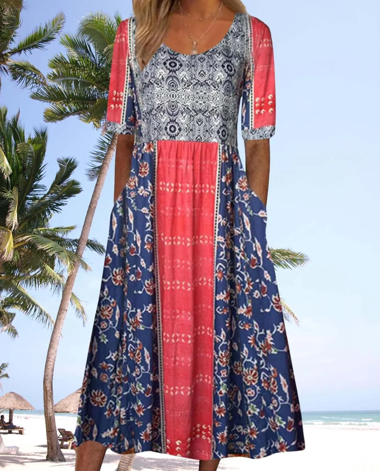Womens Boho Floral Print Maxi Dress Short Sleeve Casual Fit Flowy Dresses Summer Loose Beach Skirt with Pockets