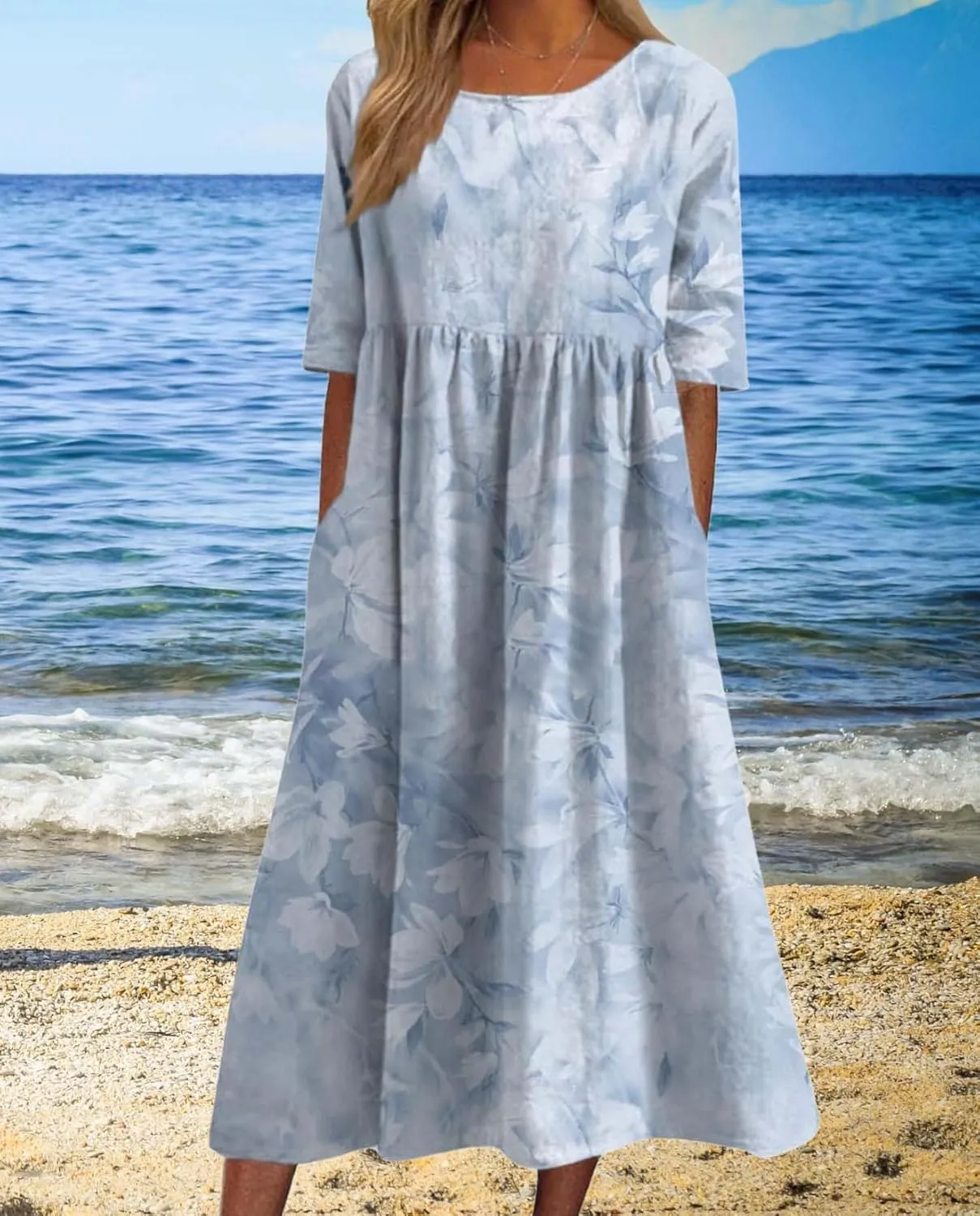 Womens Boho Floral Print Maxi Dress Short Sleeve Casual Fit Flowy Dresses Summer Loose Beach Skirt with Pockets