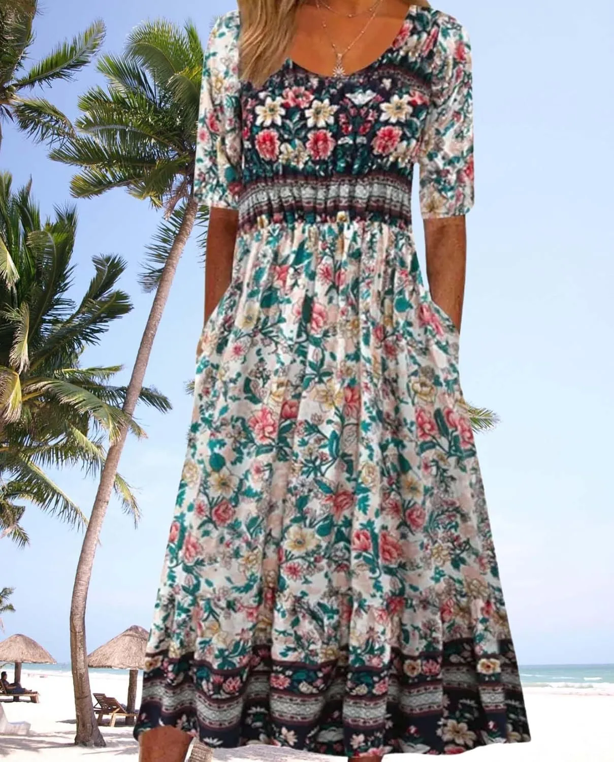 Womens Boho Floral Print Maxi Dress Short Sleeve Casual Fit Flowy Dresses Summer Loose Beach Skirt with Pockets