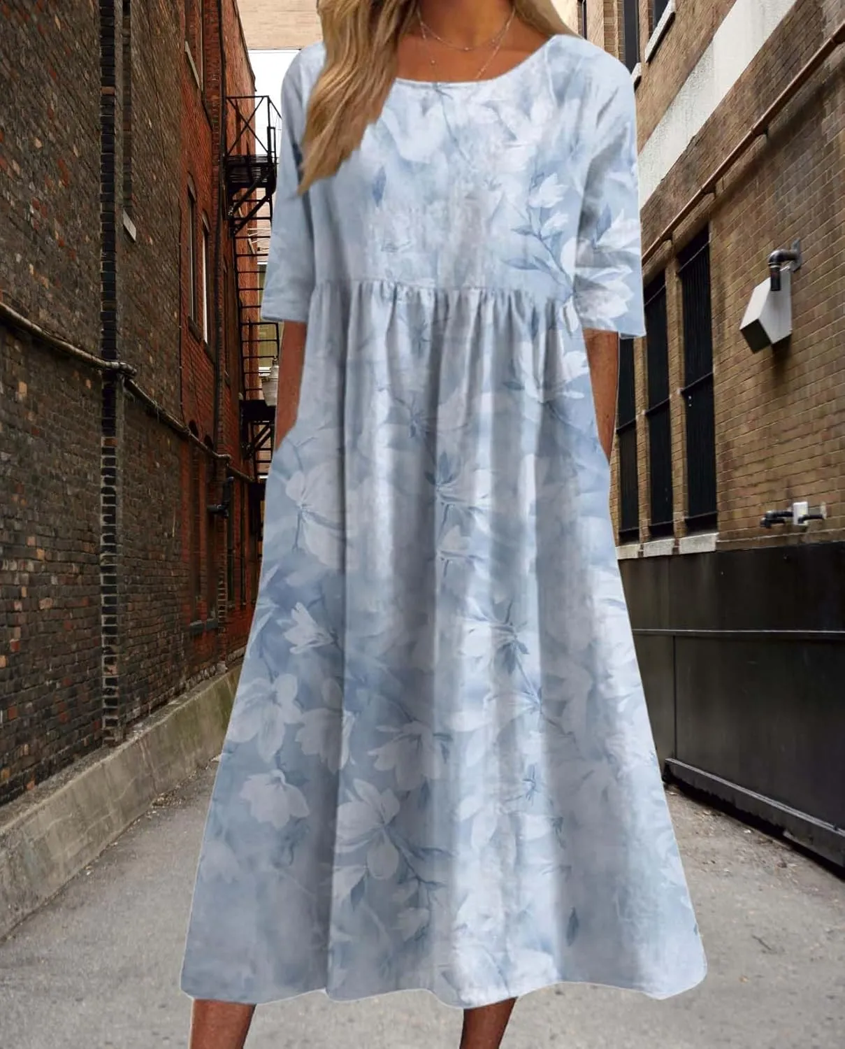 Womens Boho Floral Print Maxi Dress Short Sleeve Casual Fit Flowy Dresses Summer Loose Beach Skirt with Pockets