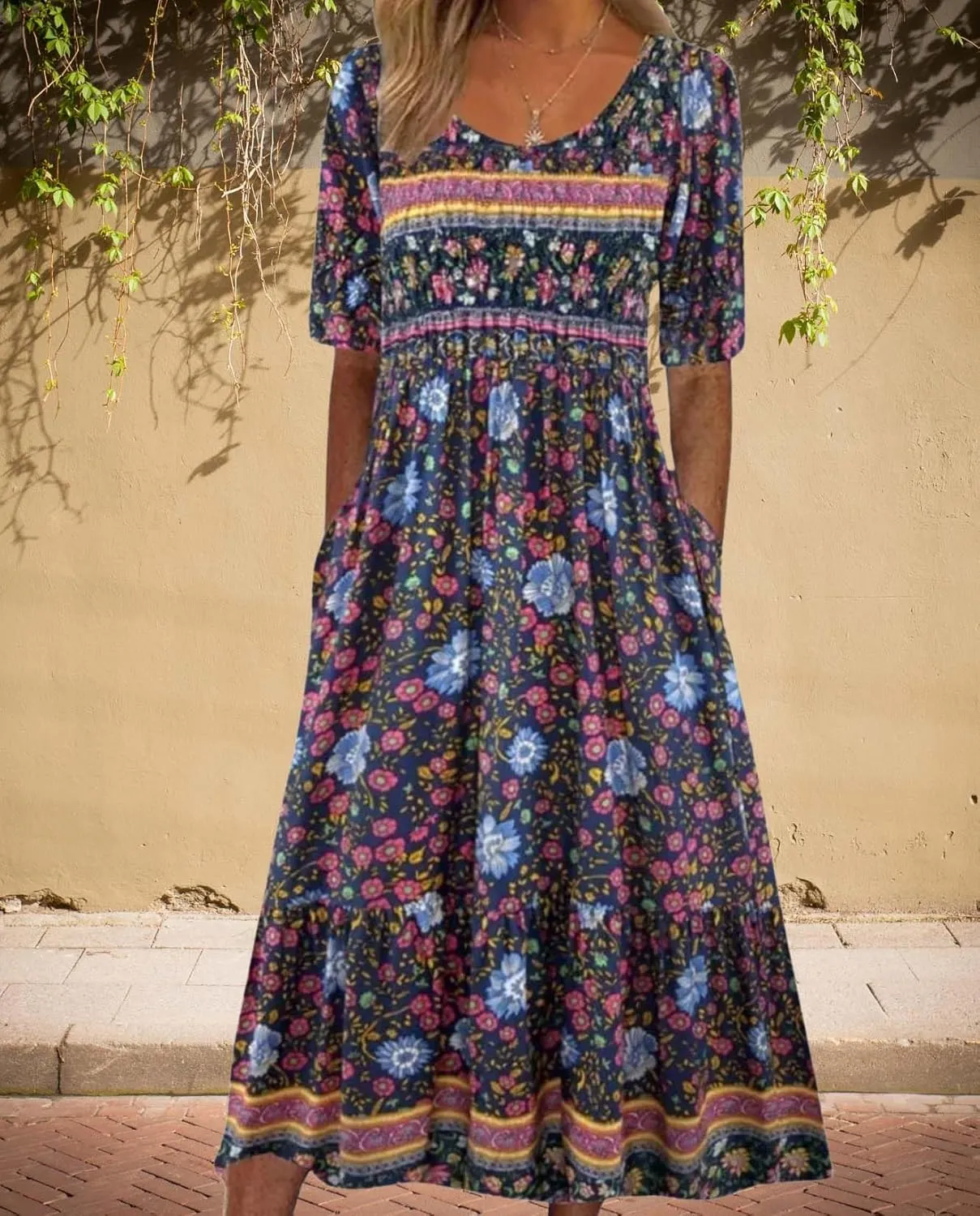 Womens Boho Floral Print Maxi Dress Short Sleeve Casual Fit Flowy Dresses Summer Loose Beach Skirt with Pockets