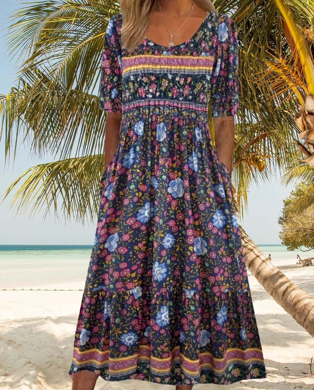 Womens Boho Floral Print Maxi Dress Short Sleeve Casual Fit Flowy Dresses Summer Loose Beach Skirt with Pockets