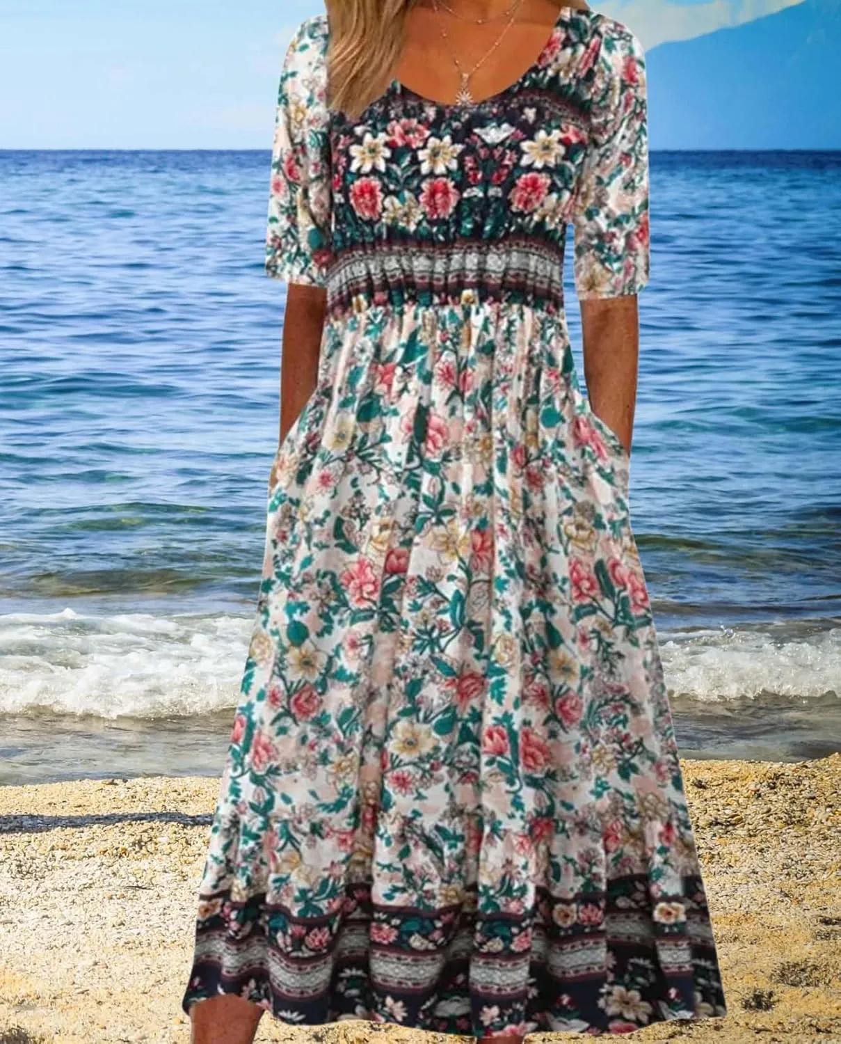 Womens Boho Floral Print Maxi Dress Short Sleeve Casual Fit Flowy Dresses Summer Loose Beach Skirt with Pockets