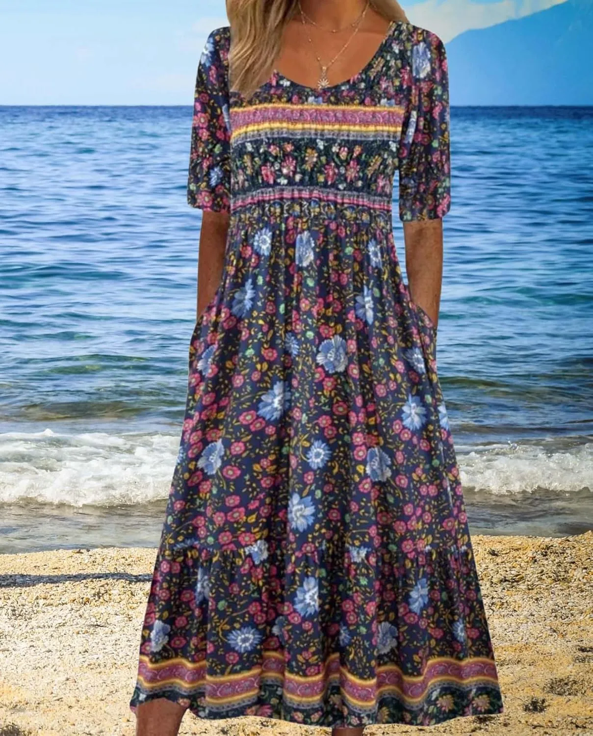 Womens Boho Floral Print Maxi Dress Short Sleeve Casual Fit Flowy Dresses Summer Loose Beach Skirt with Pockets