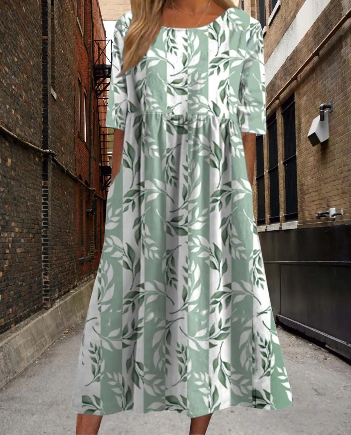 Womens Boho Floral Print Maxi Dress Short Sleeve Casual Fit Flowy Dresses Summer Loose Beach Skirt with Pockets