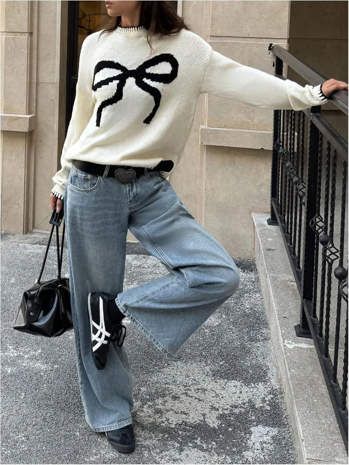 Women's Bow Graphic Knitted Sweater Crew Neck Long Sleeve Colorblock Pullover Knitwear