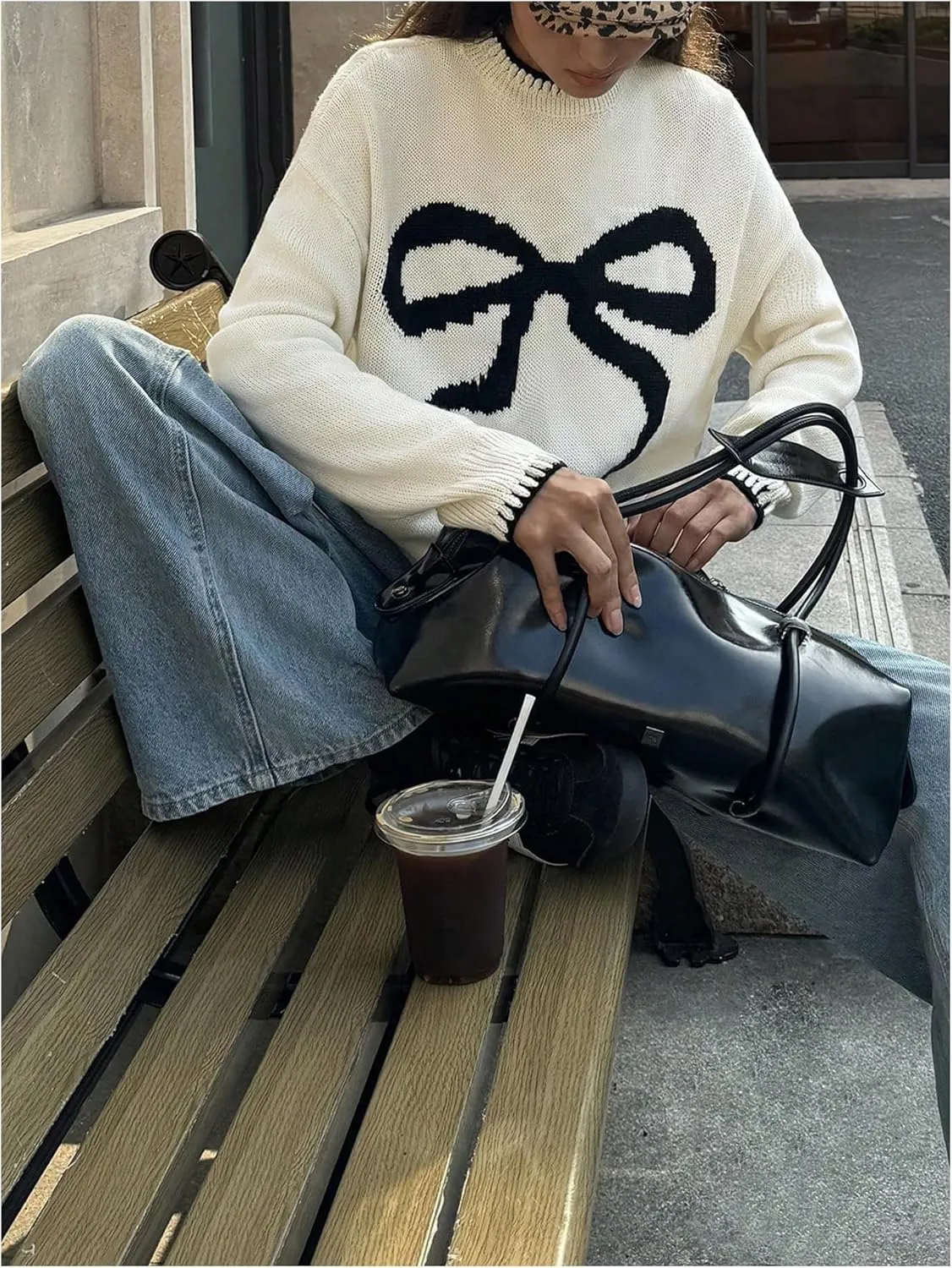 Women's Bow Graphic Knitted Sweater Crew Neck Long Sleeve Colorblock Pullover Knitwear