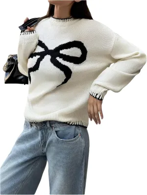 Women's Bow Graphic Knitted Sweater Crew Neck Long Sleeve Colorblock Pullover Knitwear