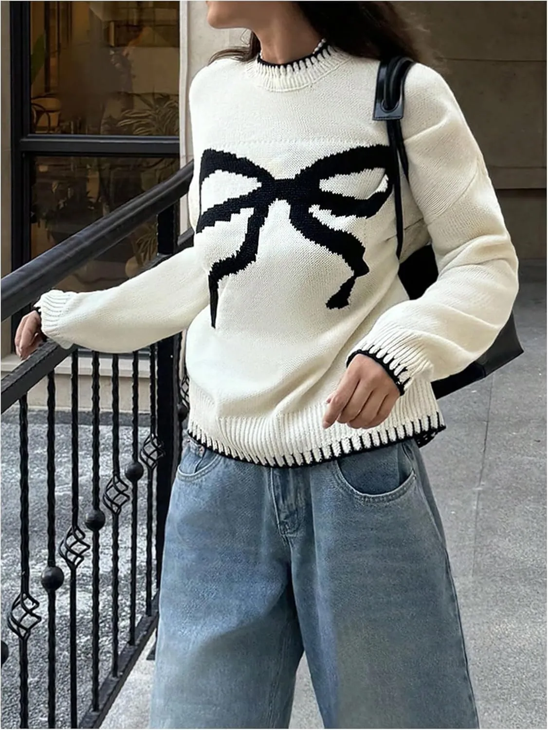 Women's Bow Graphic Knitted Sweater Crew Neck Long Sleeve Colorblock Pullover Knitwear