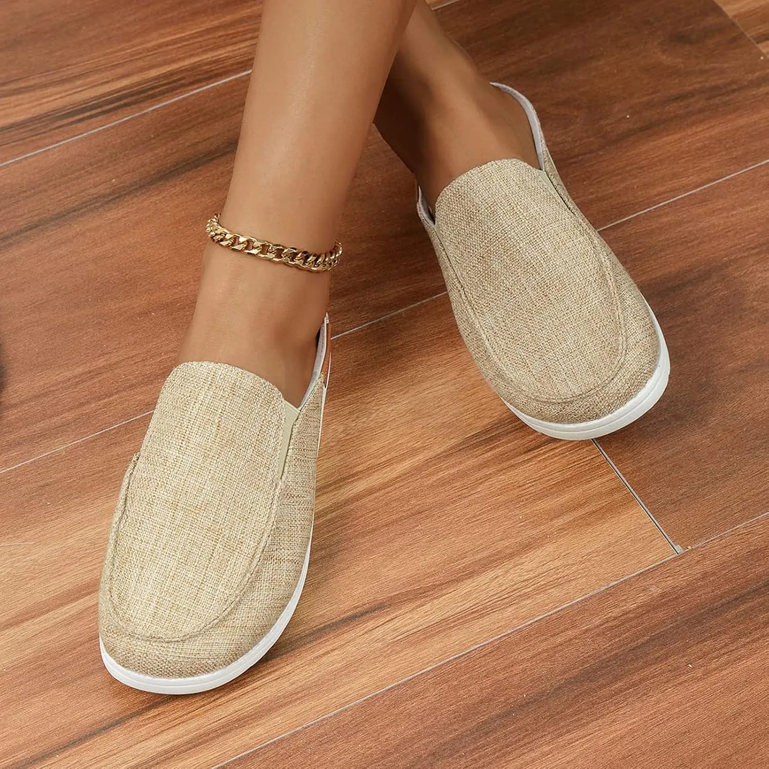 Women's Canvas Slip On Mules,Fashion Open Back Flats Shoes Summer Closed Round Toe Low Top Sneaker Loafer Shoes