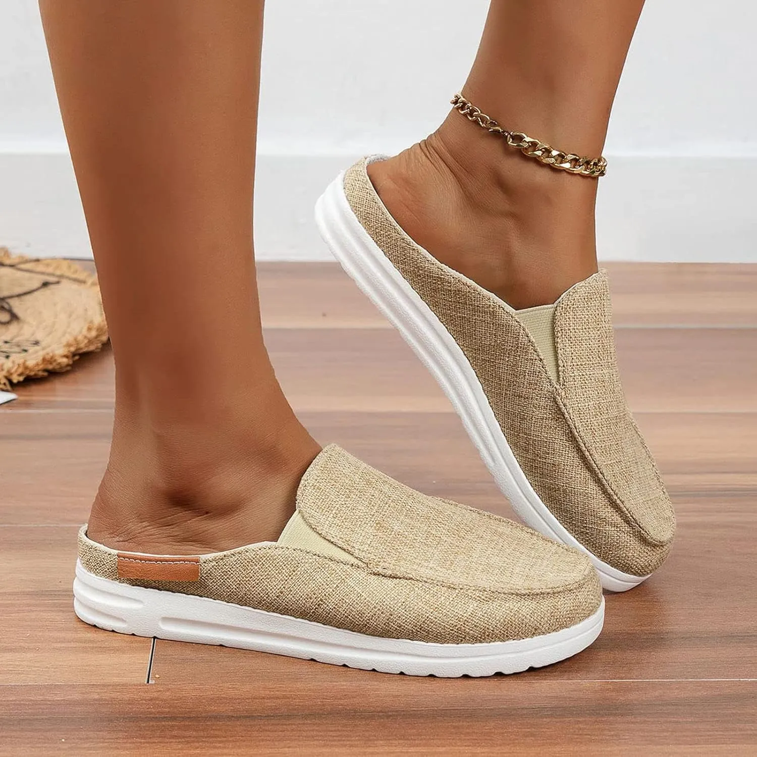 Women's Canvas Slip On Mules,Fashion Open Back Flats Shoes Summer Closed Round Toe Low Top Sneaker Loafer Shoes