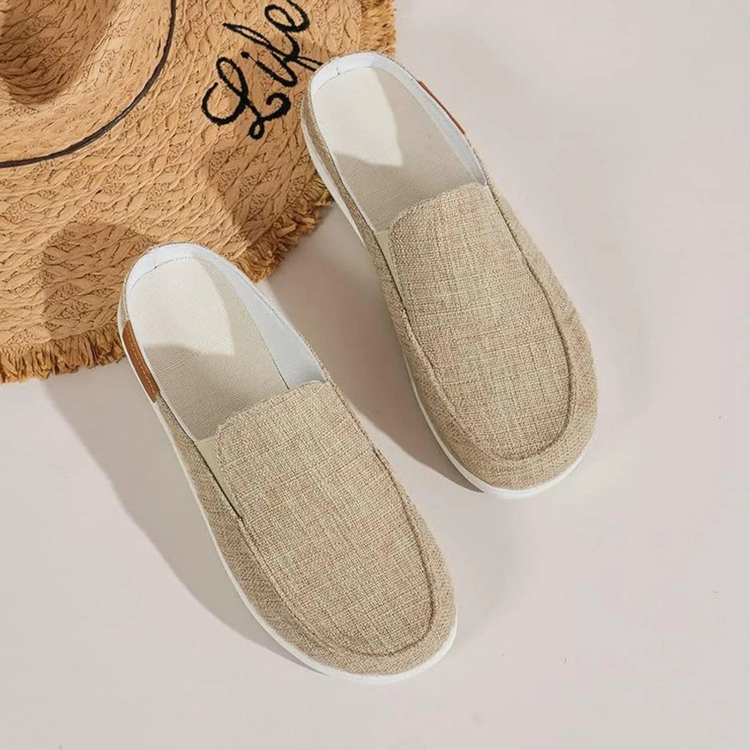 Women's Canvas Slip On Mules,Fashion Open Back Flats Shoes Summer Closed Round Toe Low Top Sneaker Loafer Shoes