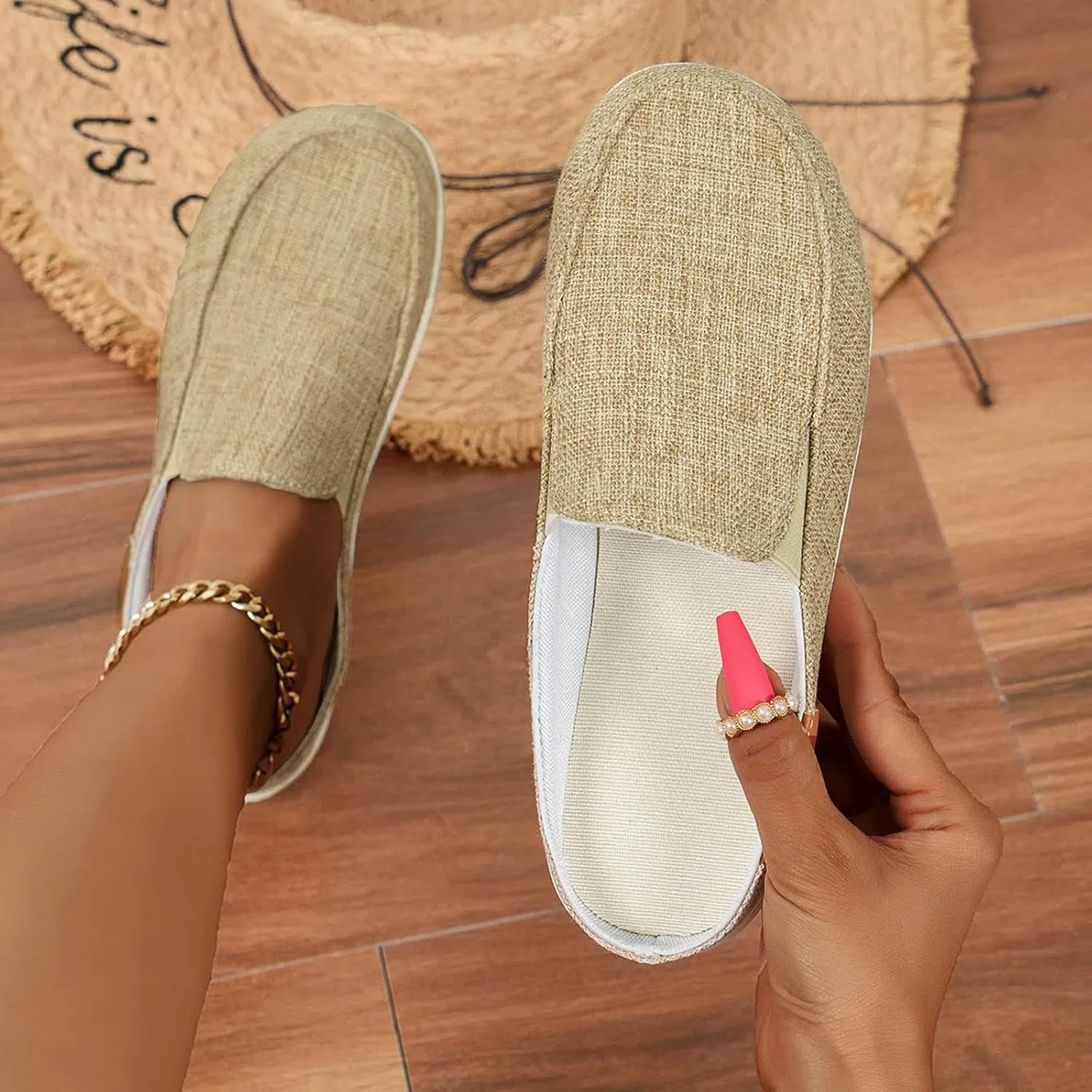 Women's Canvas Slip On Mules,Fashion Open Back Flats Shoes Summer Closed Round Toe Low Top Sneaker Loafer Shoes