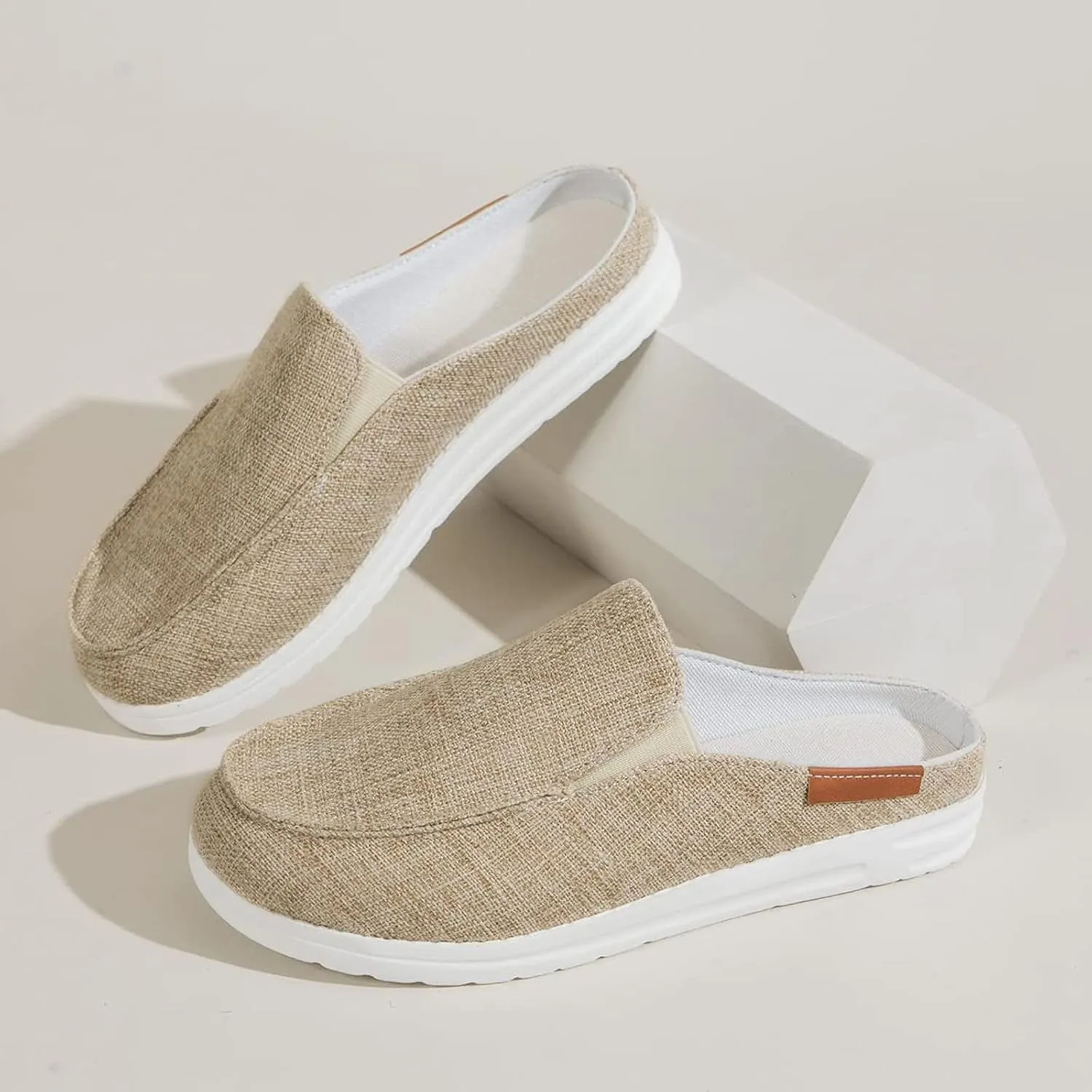 Women's Canvas Slip On Mules,Fashion Open Back Flats Shoes Summer Closed Round Toe Low Top Sneaker Loafer Shoes