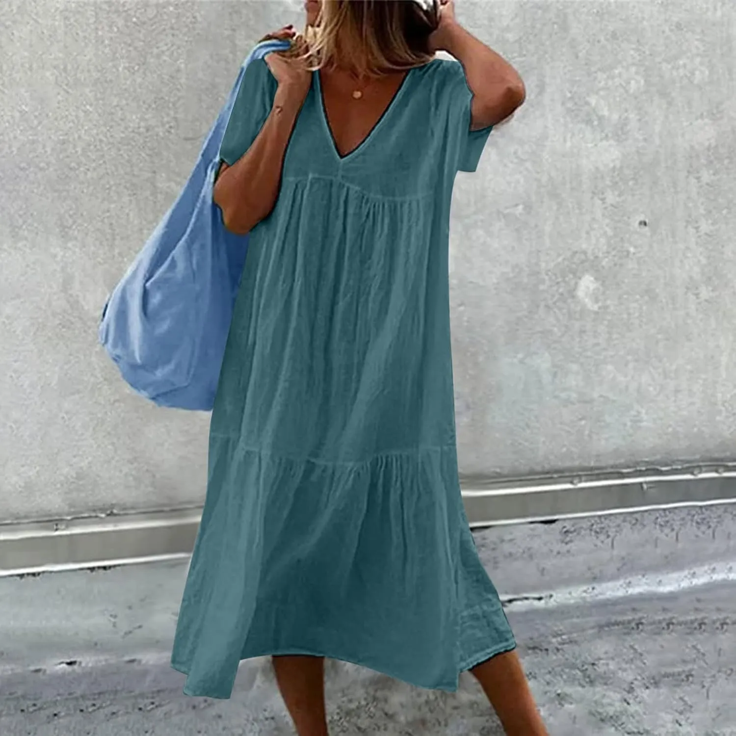 Womens Casual Loose Dresses Summer Lightweight Short Sleeve Tiered Flowy Long Dress V-Neck Ruched Maxi Sundress