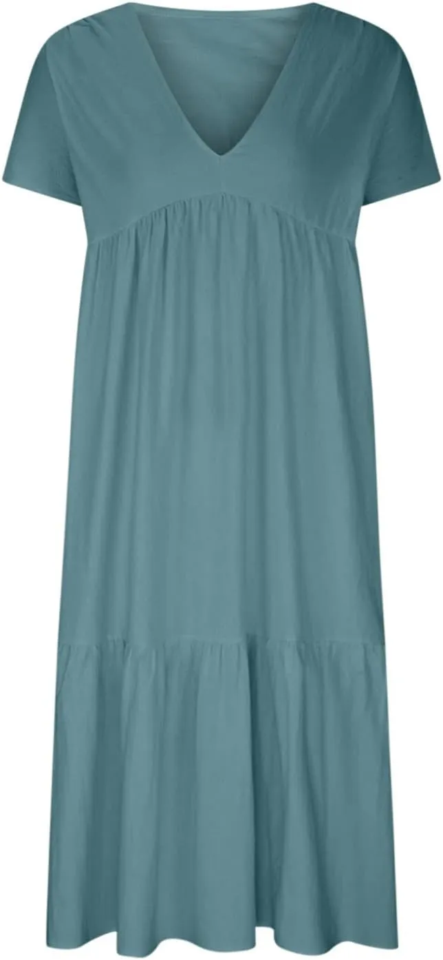 Womens Casual Loose Dresses Summer Lightweight Short Sleeve Tiered Flowy Long Dress V-Neck Ruched Maxi Sundress