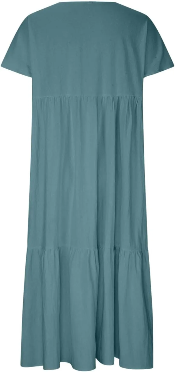 Womens Casual Loose Dresses Summer Lightweight Short Sleeve Tiered Flowy Long Dress V-Neck Ruched Maxi Sundress