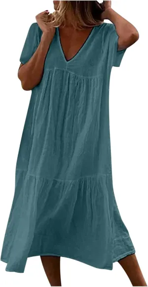 Womens Casual Loose Dresses Summer Lightweight Short Sleeve Tiered Flowy Long Dress V-Neck Ruched Maxi Sundress