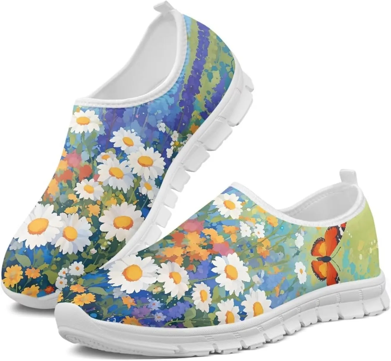 Women's Casual Slip On Flats Fantasitic Print Fashion Sneakers Lightweight Non Slip Travel Ladies Shoes White Sole