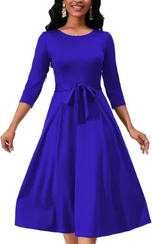 Women's Caual Midi Dress 3/4 Sleeve Crewneck A-line Swing Dress for Women with Belt for Wedding Guest & Cocktail Party