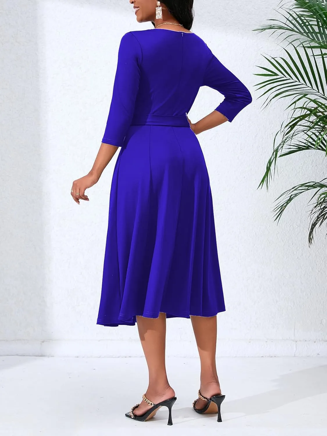Women's Caual Midi Dress 3/4 Sleeve Crewneck A-line Swing Dress for Women with Belt for Wedding Guest & Cocktail Party