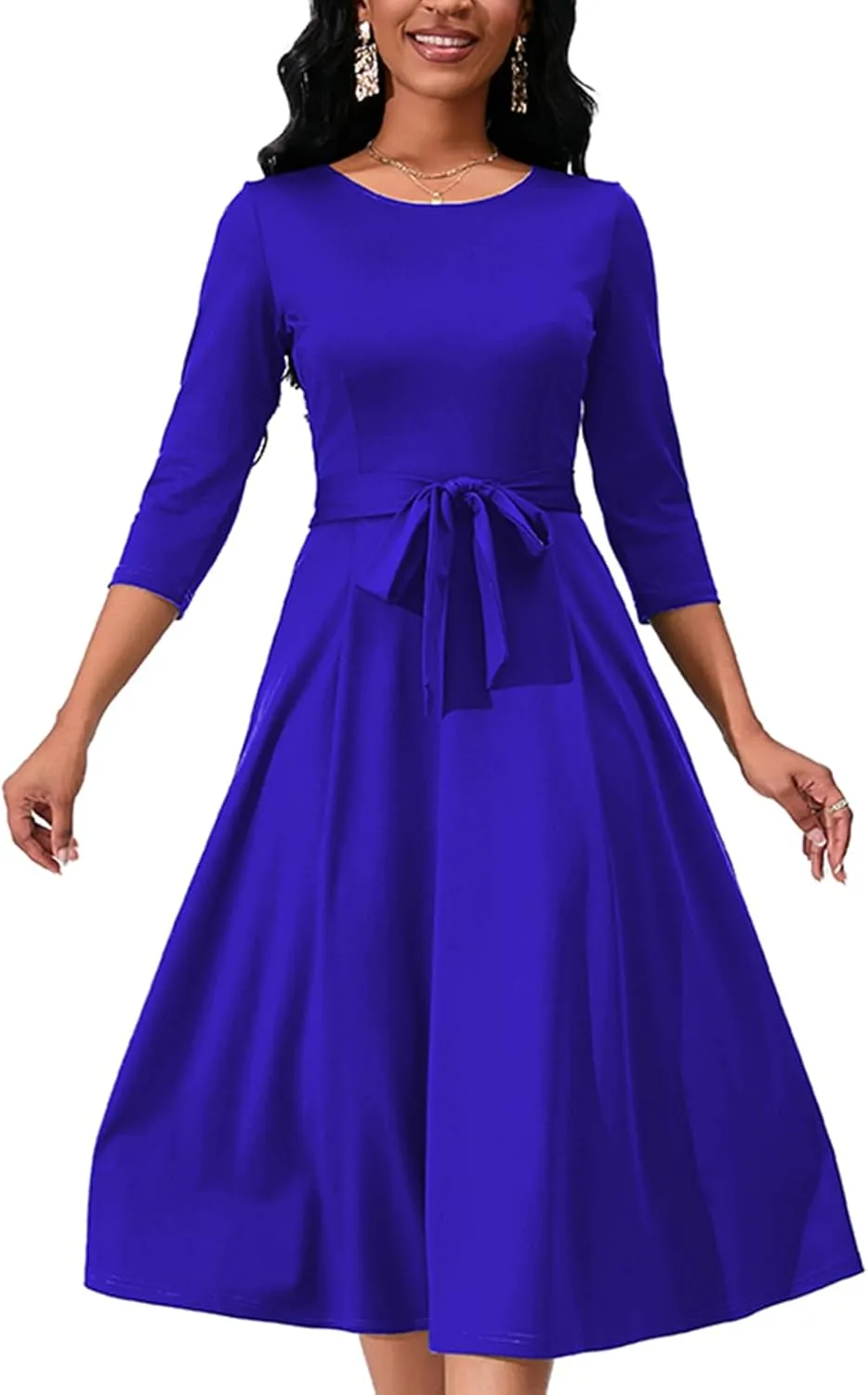 Women's Caual Midi Dress 3/4 Sleeve Crewneck A-line Swing Dress for Women with Belt for Wedding Guest & Cocktail Party