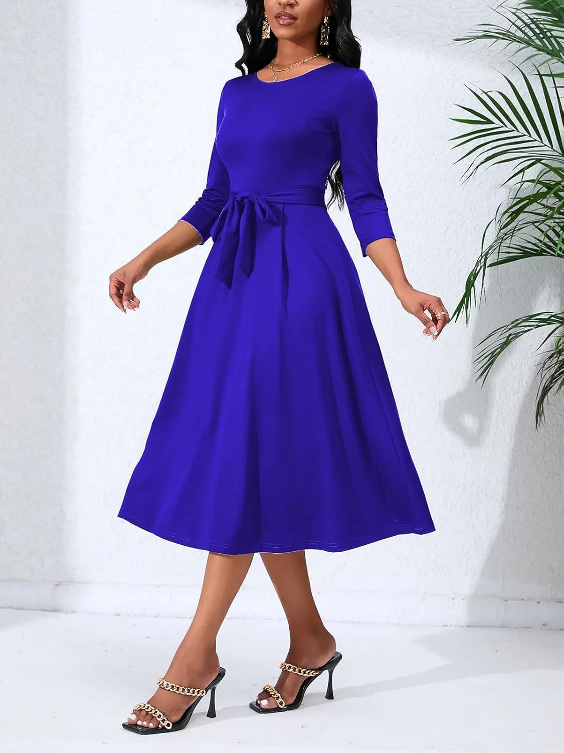 Women's Caual Midi Dress 3/4 Sleeve Crewneck A-line Swing Dress for Women with Belt for Wedding Guest & Cocktail Party