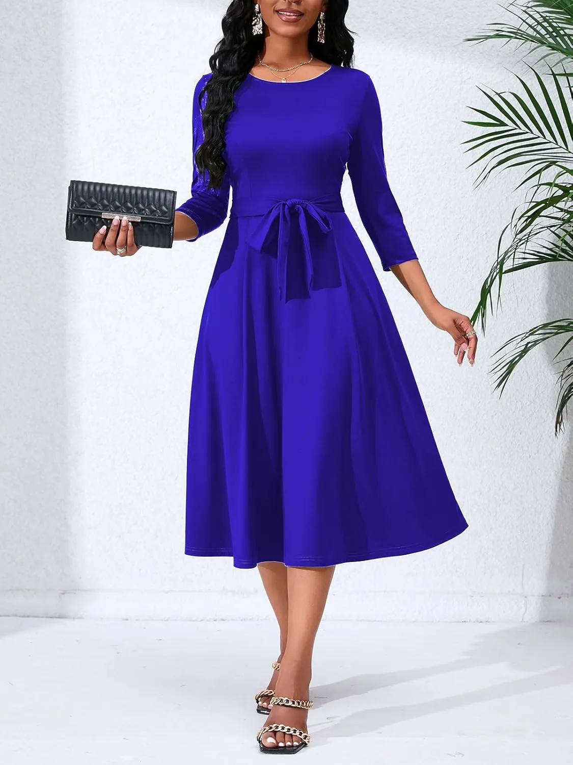 Women's Caual Midi Dress 3/4 Sleeve Crewneck A-line Swing Dress for Women with Belt for Wedding Guest & Cocktail Party