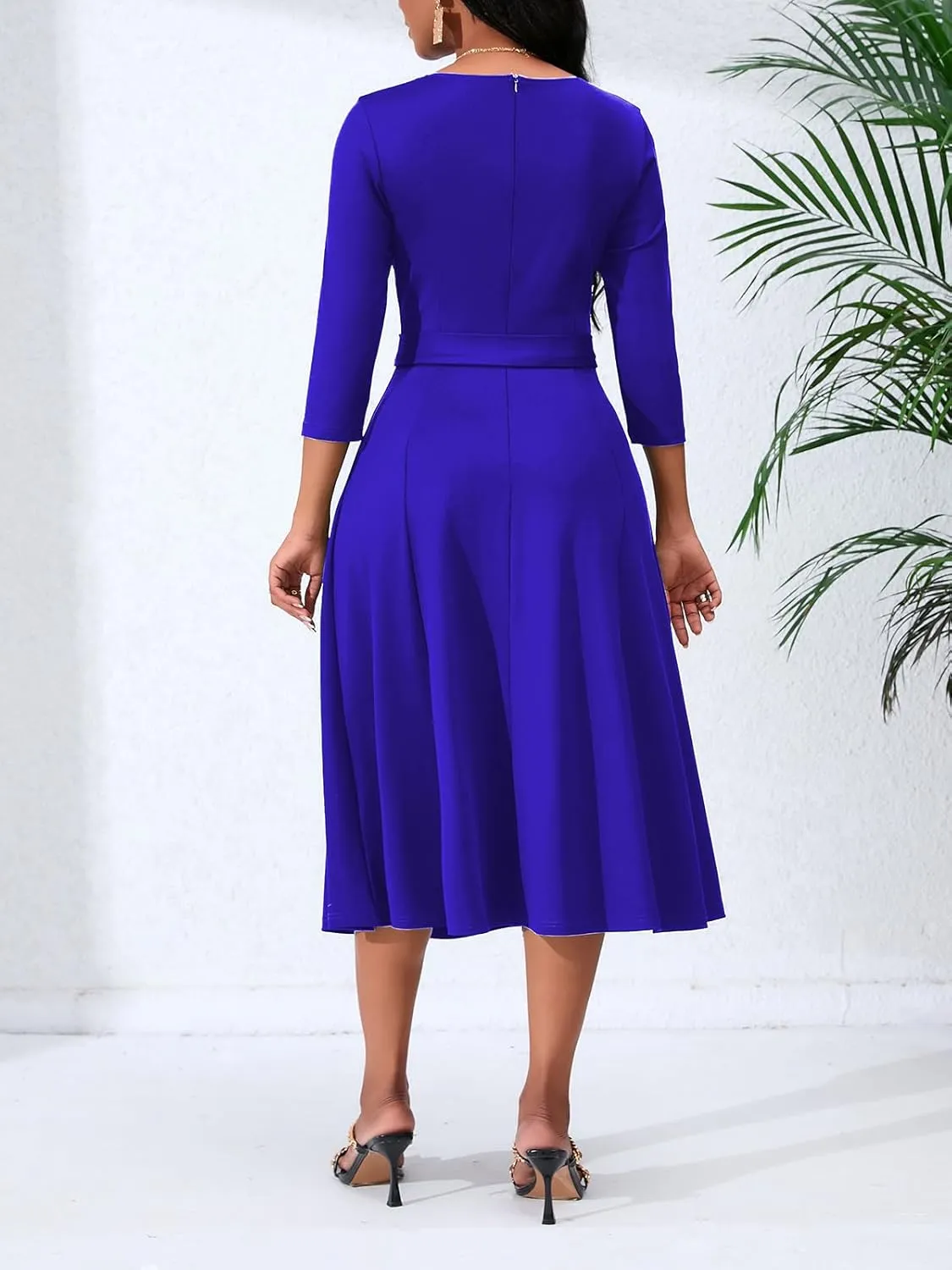 Women's Caual Midi Dress 3/4 Sleeve Crewneck A-line Swing Dress for Women with Belt for Wedding Guest & Cocktail Party