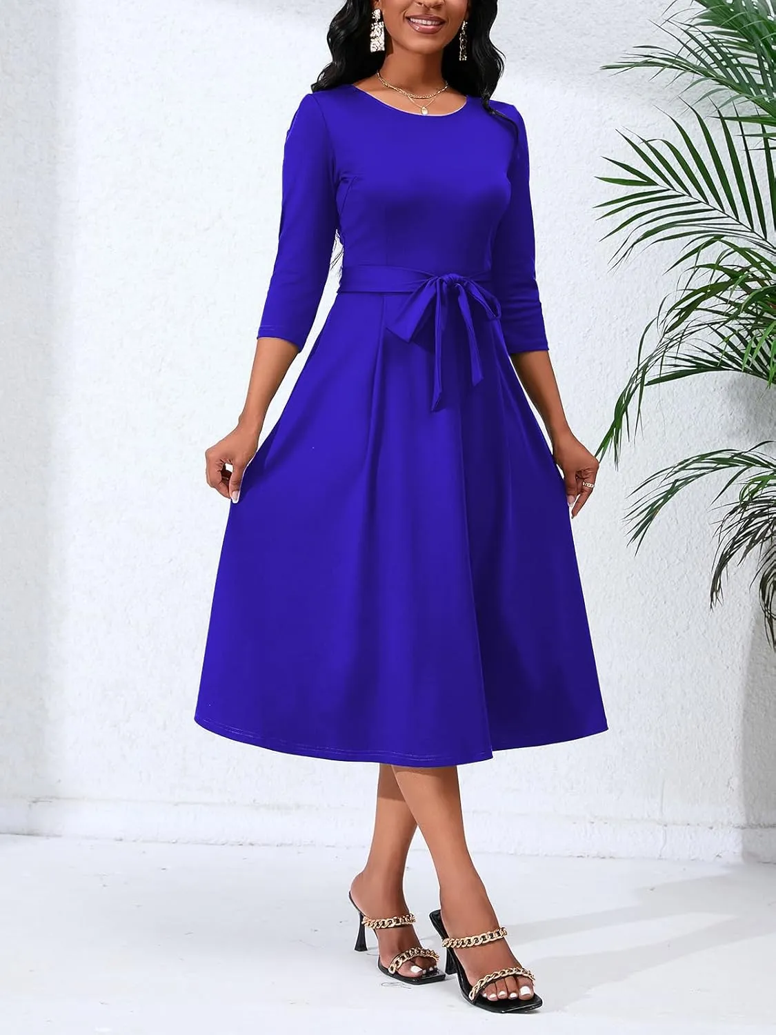 Women's Caual Midi Dress 3/4 Sleeve Crewneck A-line Swing Dress for Women with Belt for Wedding Guest & Cocktail Party