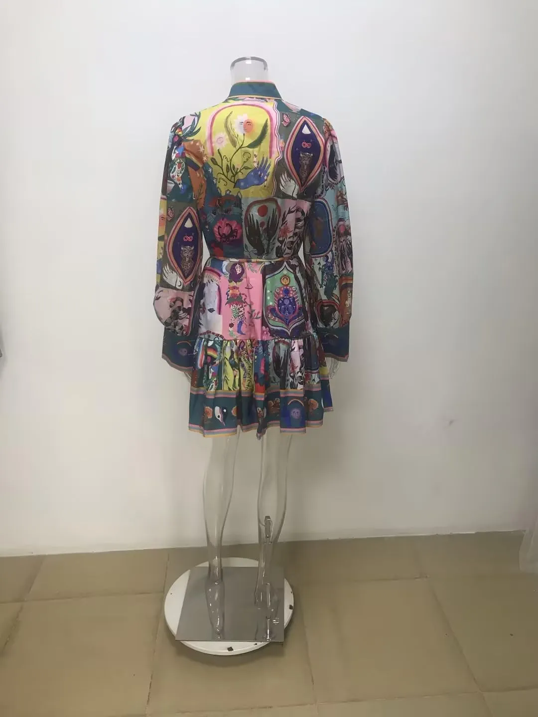 Women's Colorful Boho Print Mini Dress, V-Neck, Long Sleeve, Belted Waist, Multi-Color