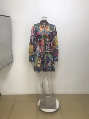 Women's Colorful Boho Print Mini Dress, V-Neck, Long Sleeve, Belted Waist, Multi-Color