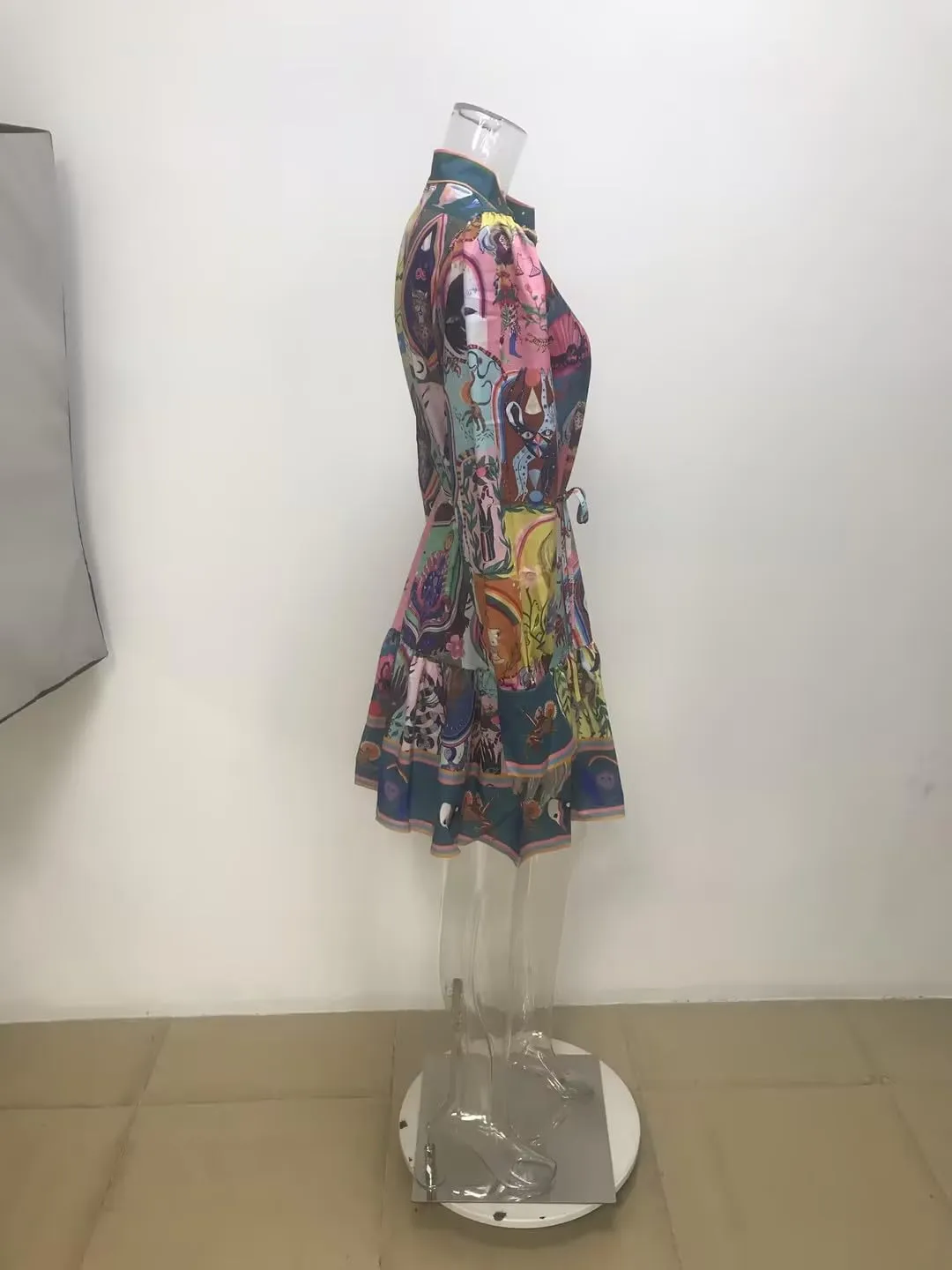 Women's Colorful Boho Print Mini Dress, V-Neck, Long Sleeve, Belted Waist, Multi-Color